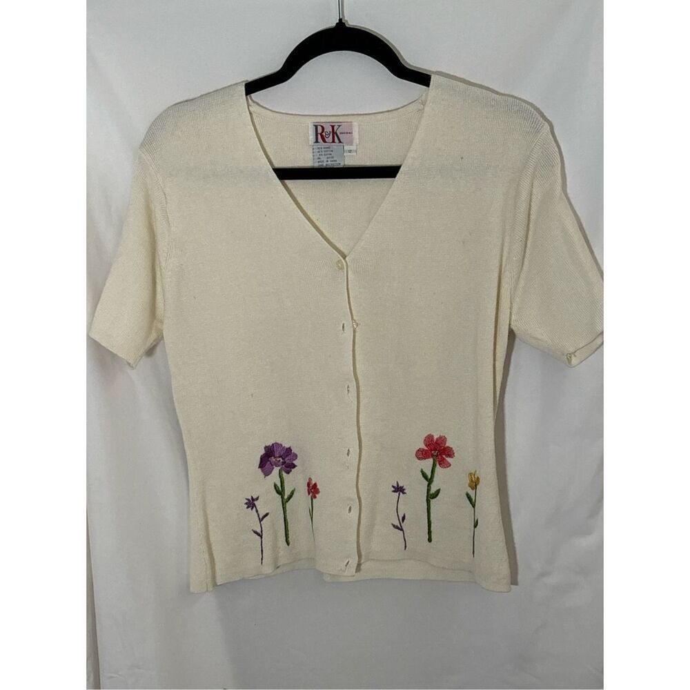 R & K Women's Cream Floral Embroidered Short Sleeve Cardigan Sweater Size 12